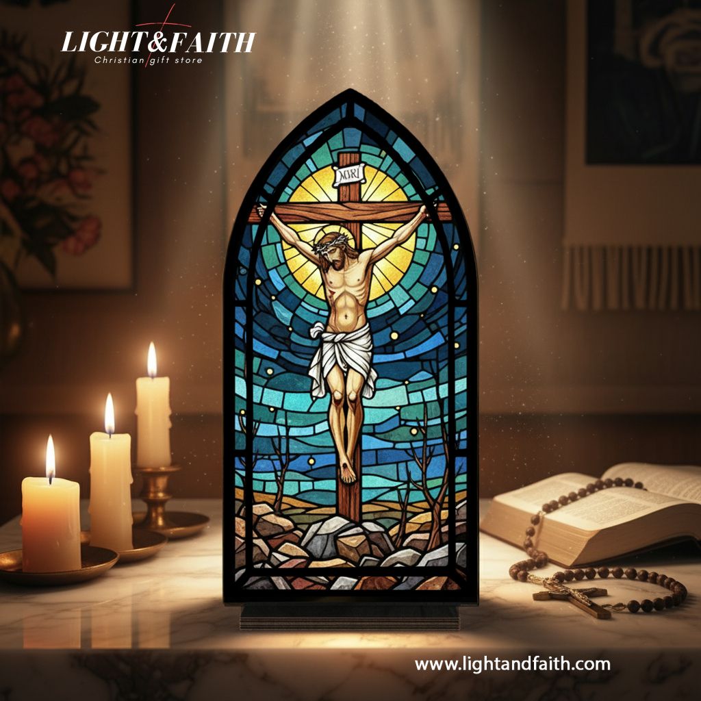 Christian Jesus Book Nook Decor, Crucifix LED Light, Stained Glass Window Style, Religious Home Decor Gift for Prayer Room, Easter or Christmas Gift BNLAF13